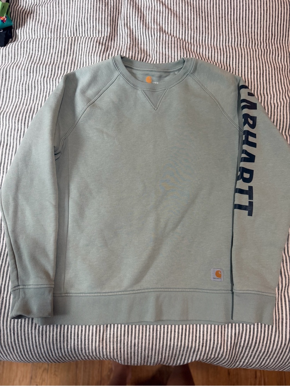 Carhartt Women's Crewneck Sweatshirt in Sage Green with Navy Sleeve Logo
